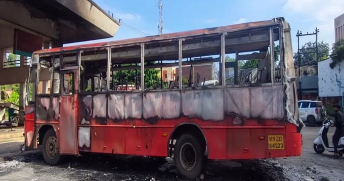 ST bus fire Indapur, engine failure ST bus fire