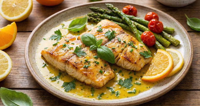 Golden baked Bhetki fish fillets