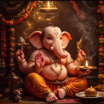 Lord Ganesha for Krichchhra Chaturthi puja with modak and diya