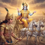Lord Krishna advising Arjun on the battlefield of Kurukshetra
