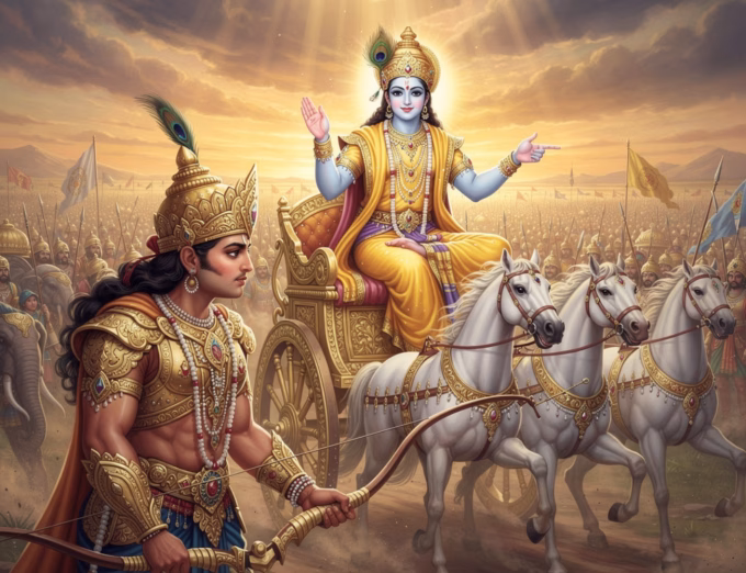 Lord Krishna advising Arjun on the battlefield of Kurukshetra