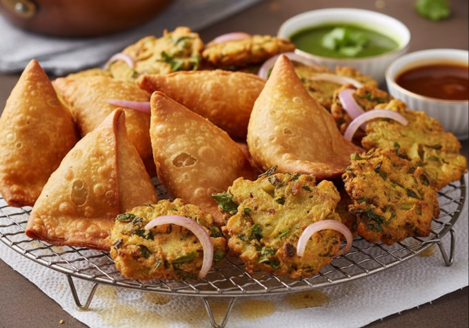 crispy homemade samosas and pakodas