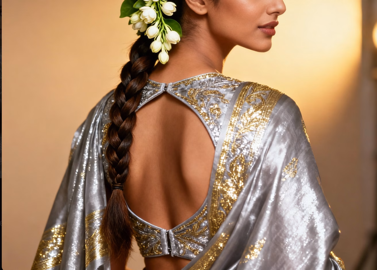 keyhole blouse and traditional gajra.