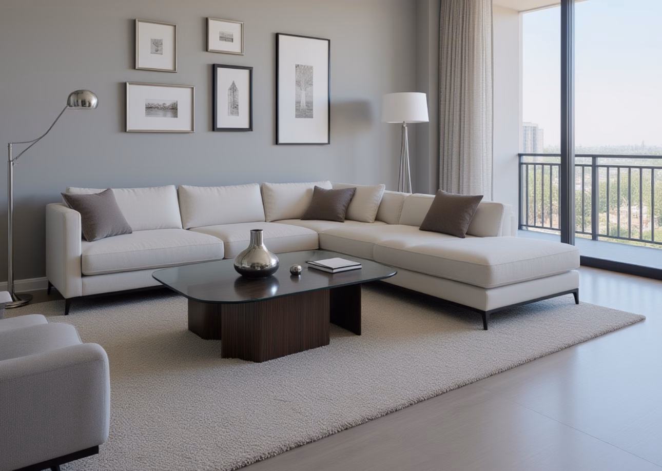 living room elegantly styled with silver decor