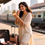 woman with travel beauty essentials