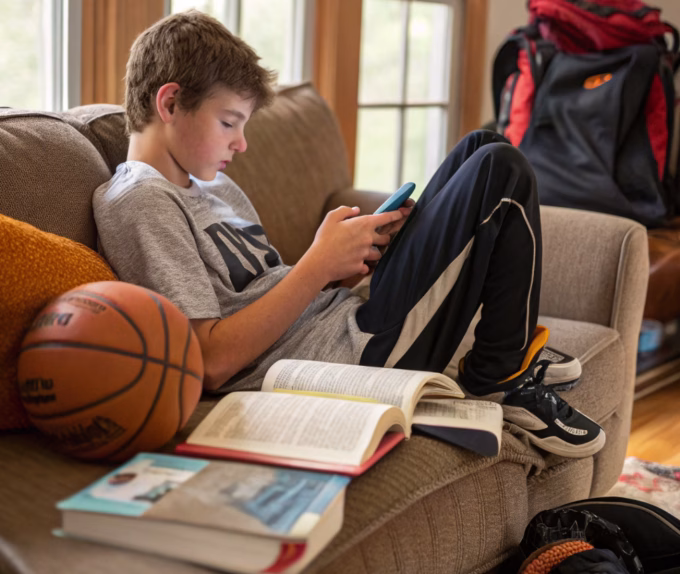 Teenager absorbed in phone
