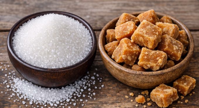 Close-up shot of refined sugar in one bowl and jaggery pieces in anothe